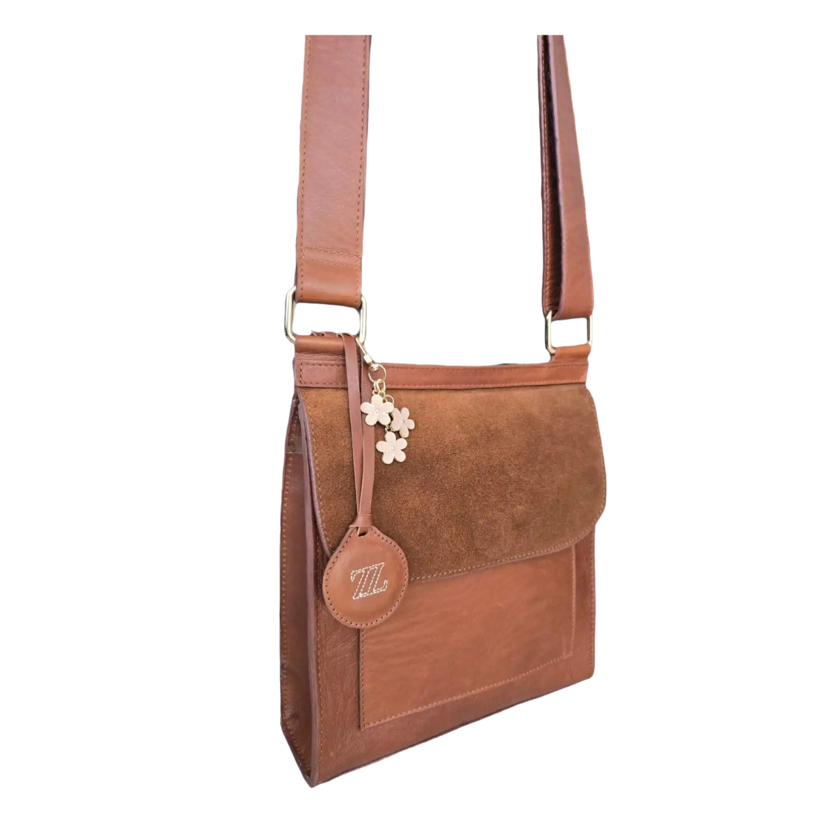 Bolsa bandolera de piel miel AMZZUL vista frontal