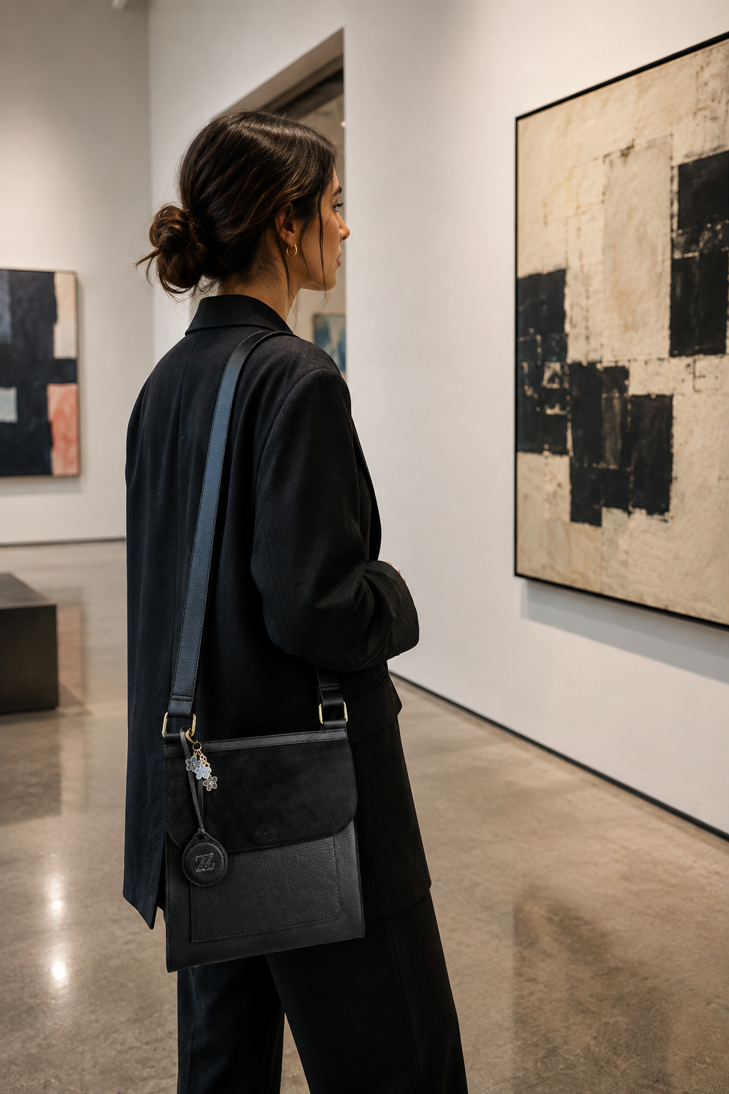 Bolsa bandolera de piel negra AMZZUL en vista lifestyle