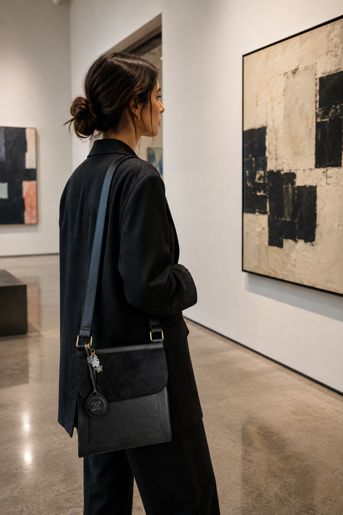 Bolsa bandolera de piel negra AMZZUL en vista lifestyle