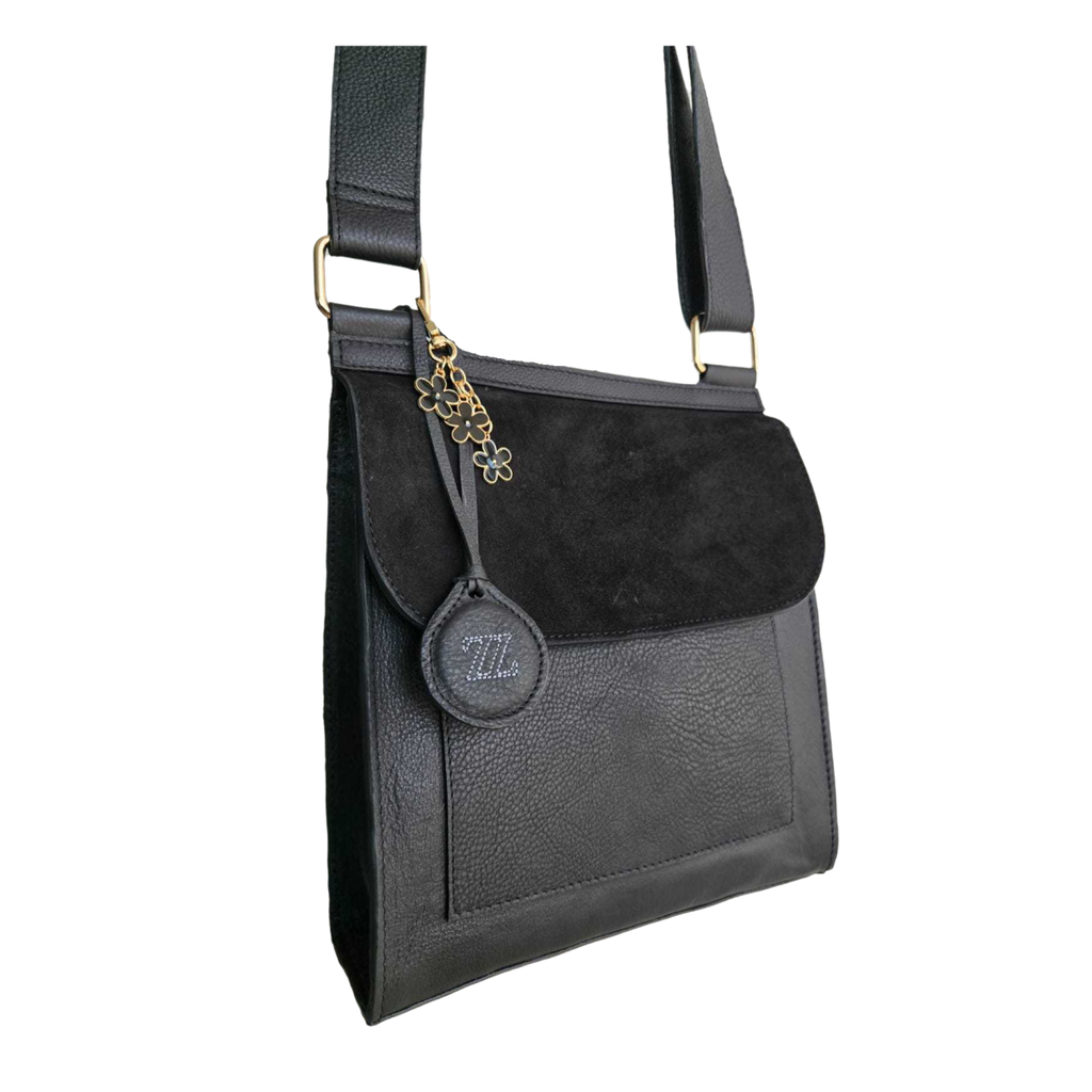 Bolsa bandolera de piel negra AMZZUL vista frontal
