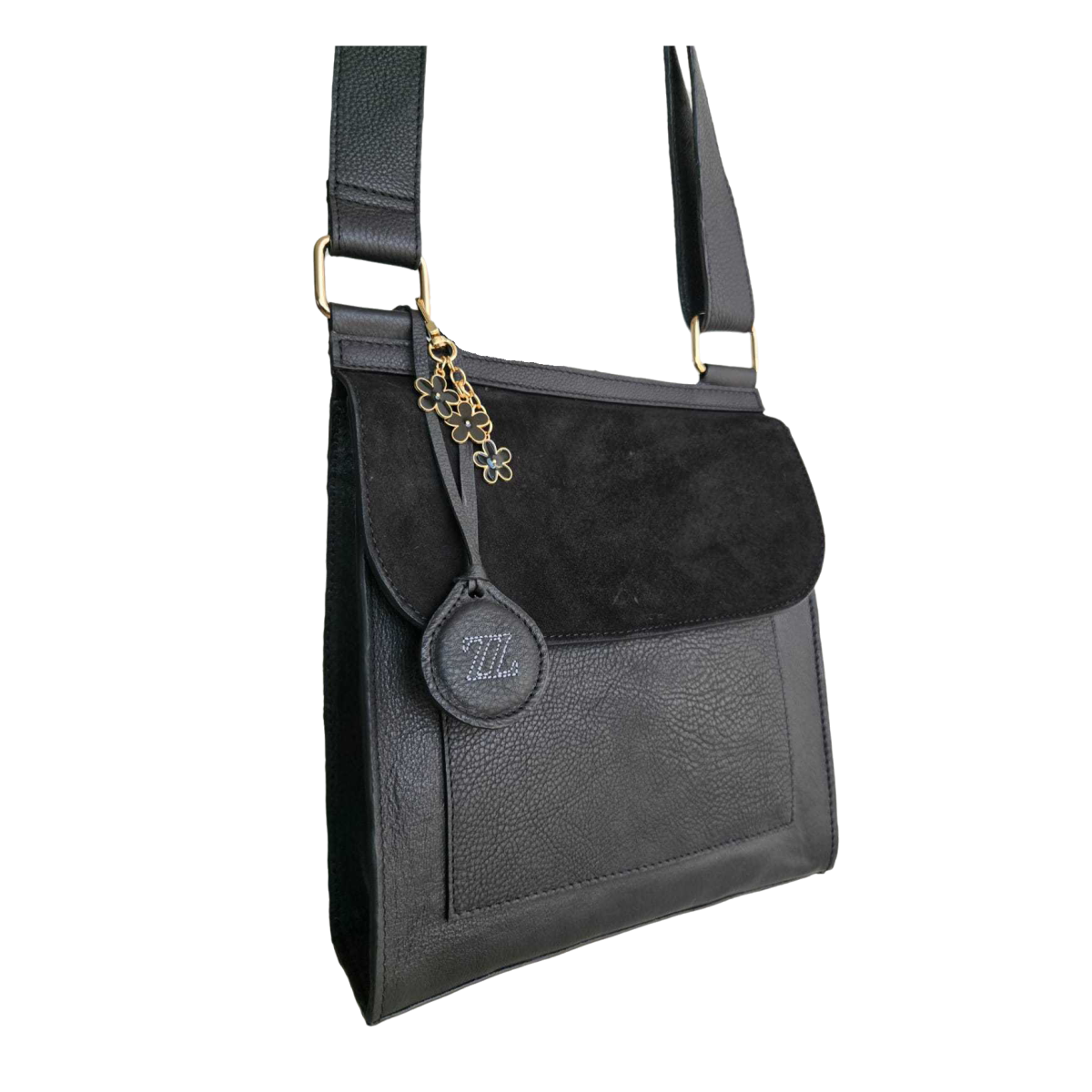 Bolsa bandolera de piel negra AMZZUL vista frontal
