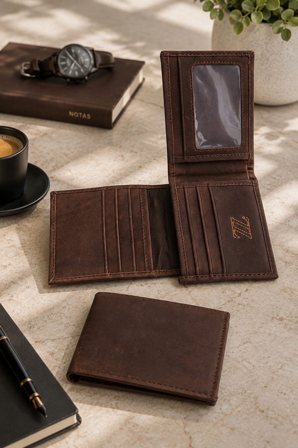 Cartera de piel café para caballero AMZZUL en vista lifestyle