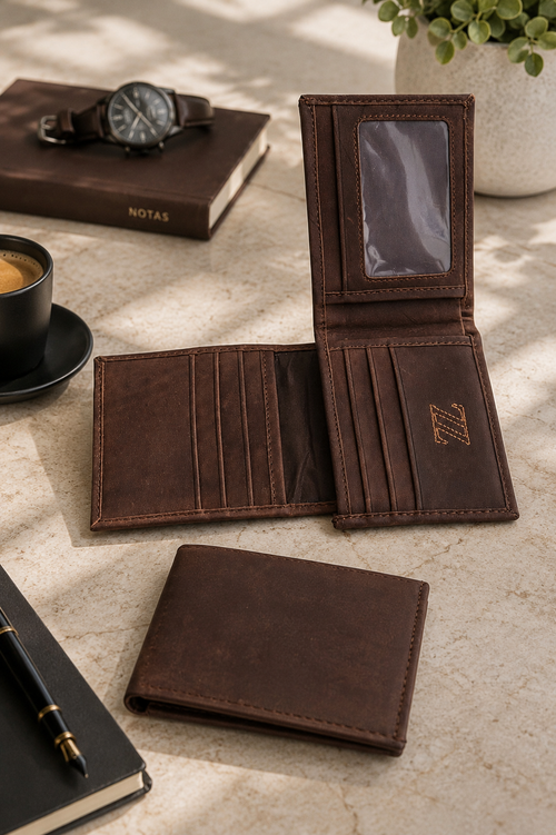 Cartera de piel café para caballero AMZZUL en vista lifestyle