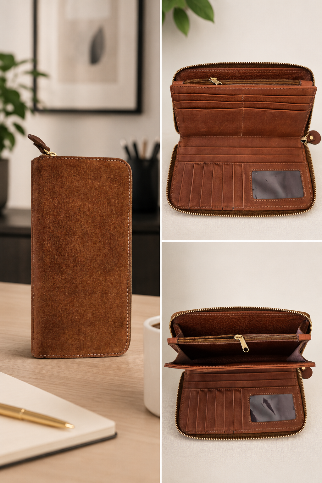 Collage de detalles de cartera de piel miel para dama AMZZUL