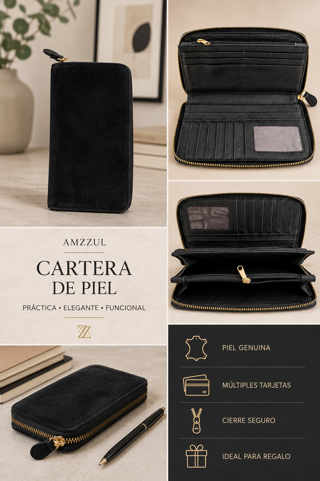 Collage de detalles de cartera de piel negra para dama AMZZUL