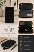 Collage de detalles de cartera de piel negra para dama AMZZUL