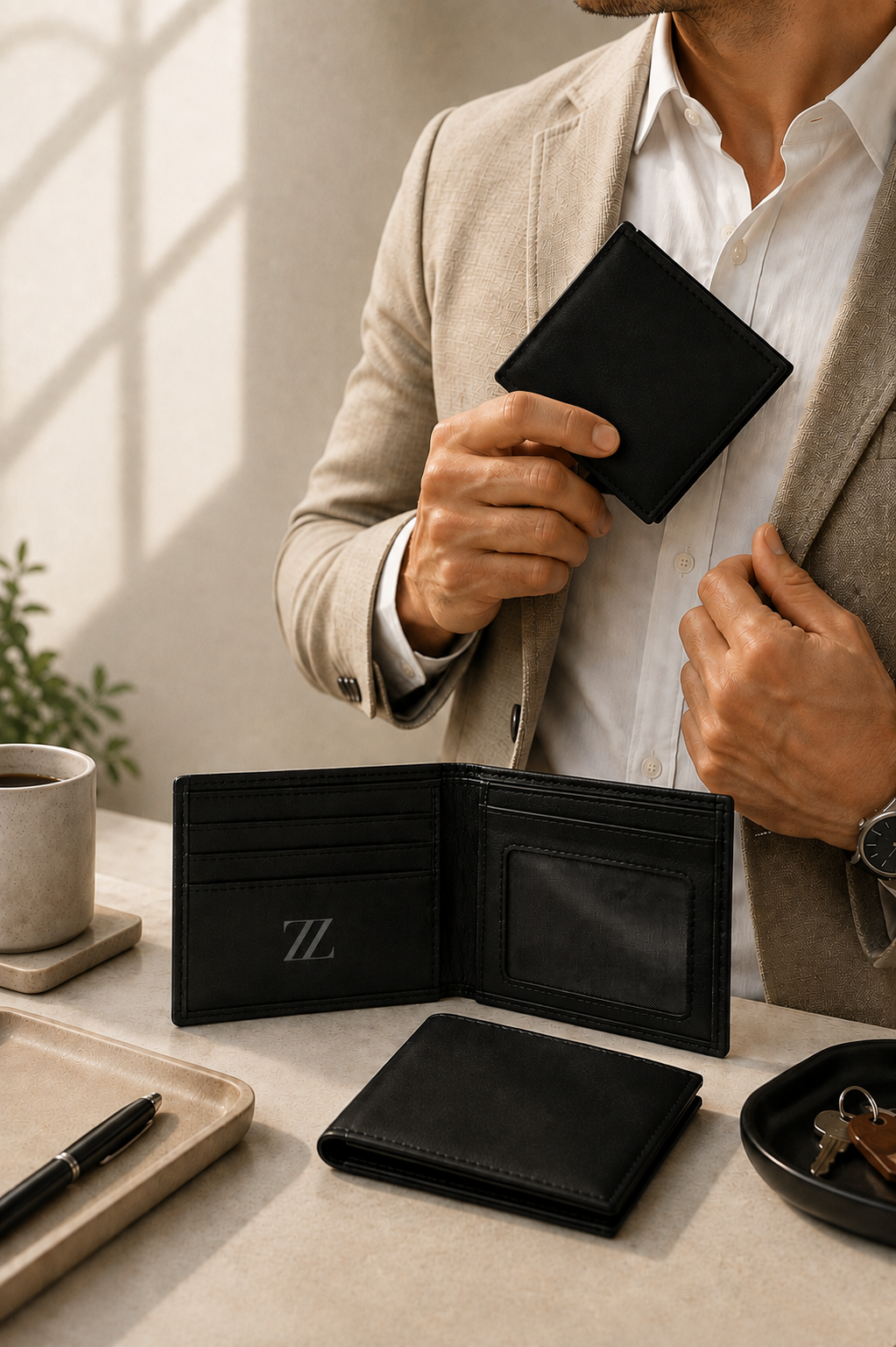 Cartera de piel negra para caballero AMZZUL en vista lifestyle