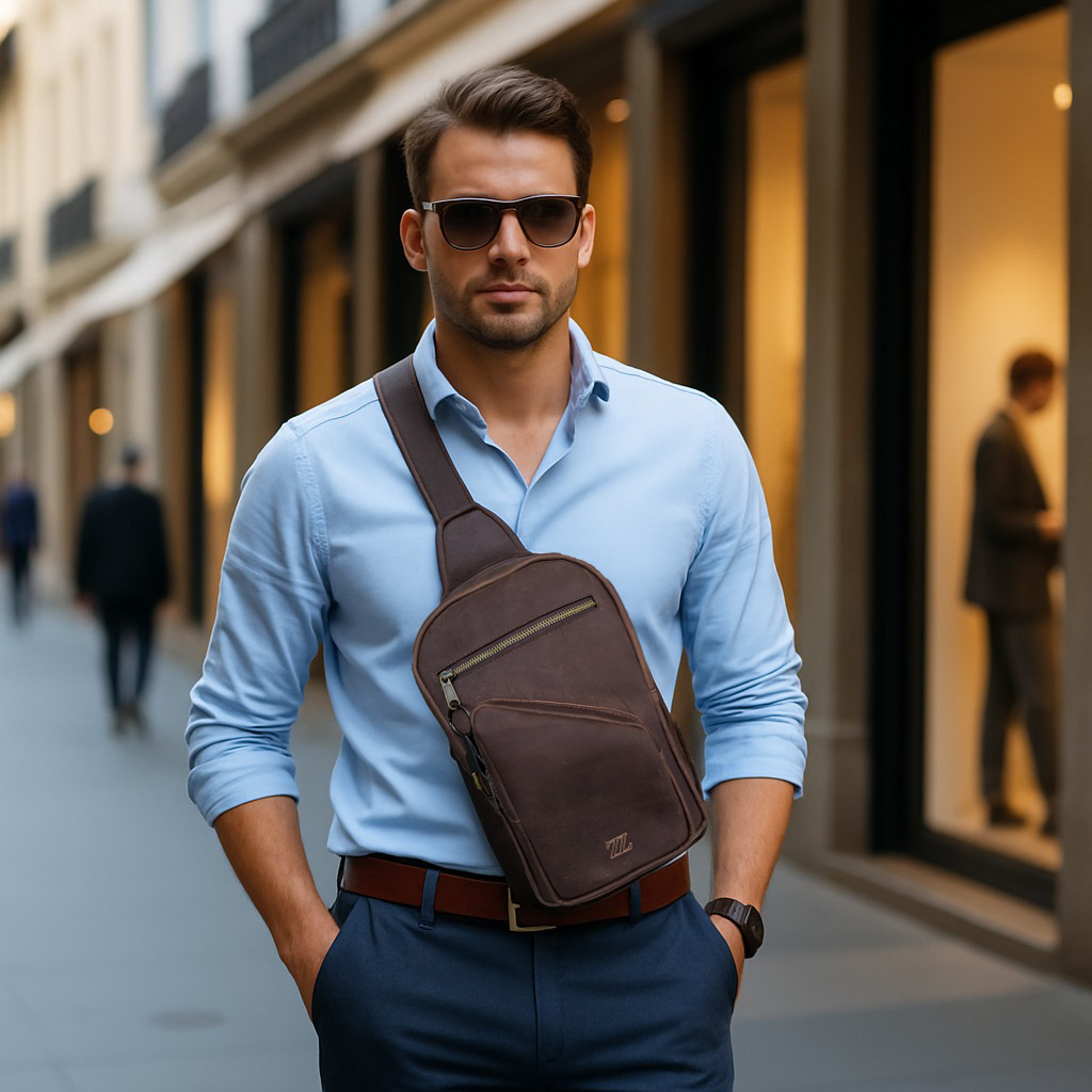 Bolsa crossbody de piel café AMZZUL en uso