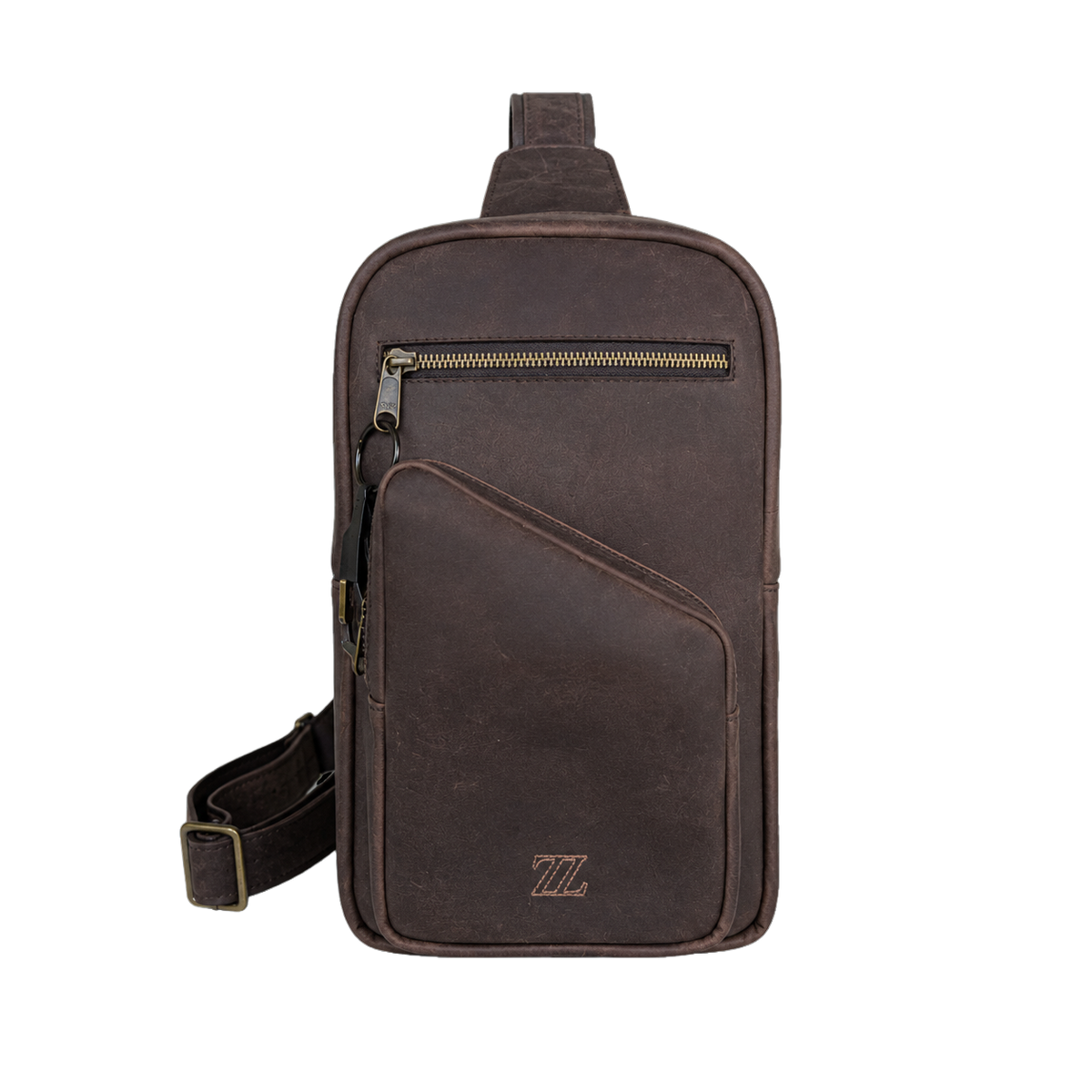 Bolsa crossbody de piel café AMZZUL vista frontal