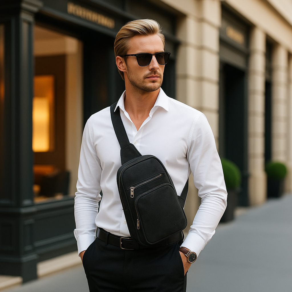 Bolsa crossbody de piel negra AMZZUL en uso
