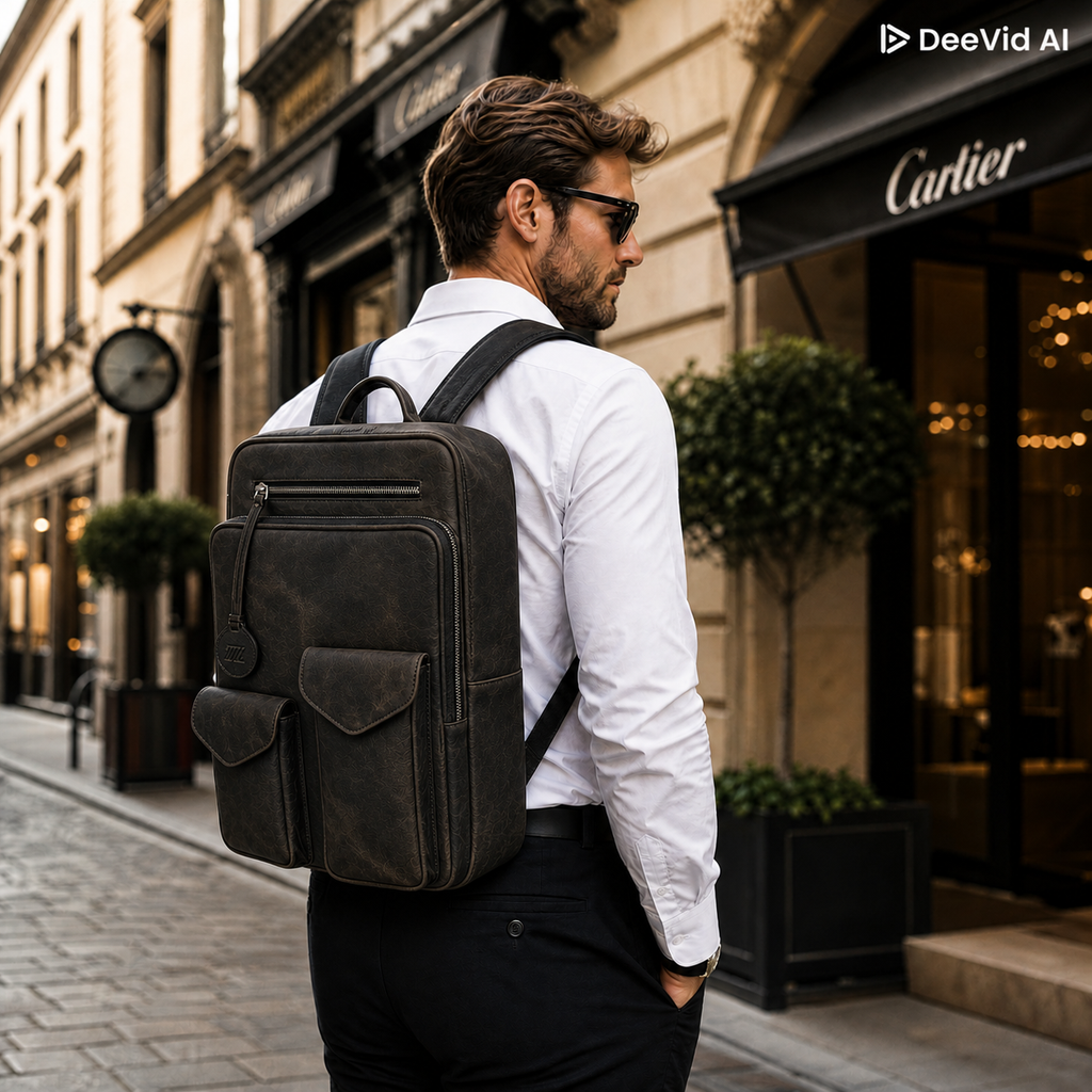 Mochila de piel negra AMZZUL en vista lifestyle