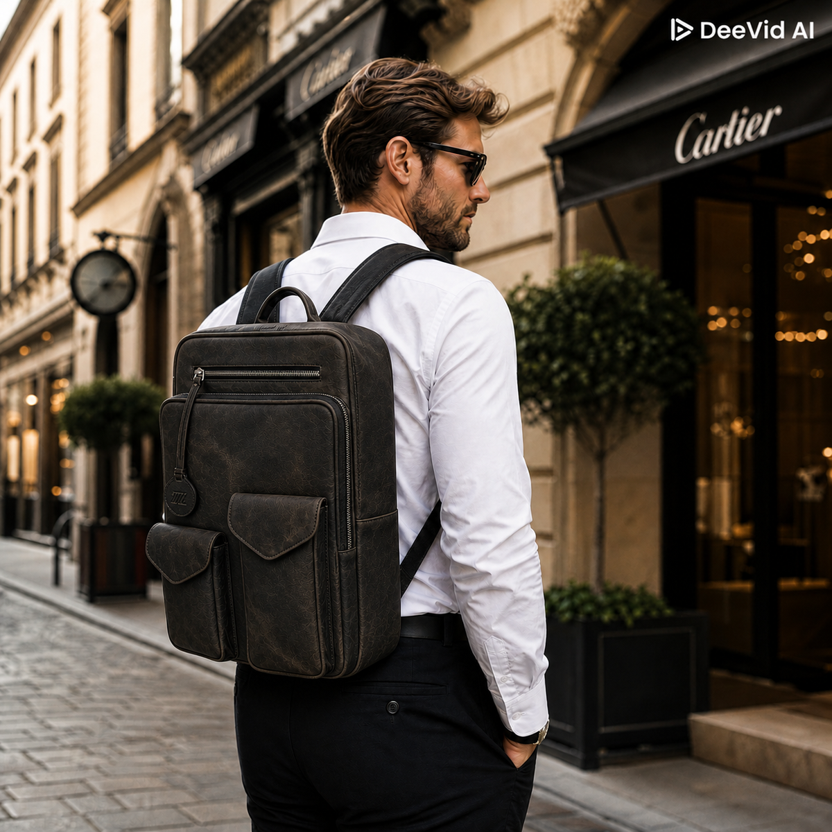Mochila de piel negra AMZZUL en vista lifestyle