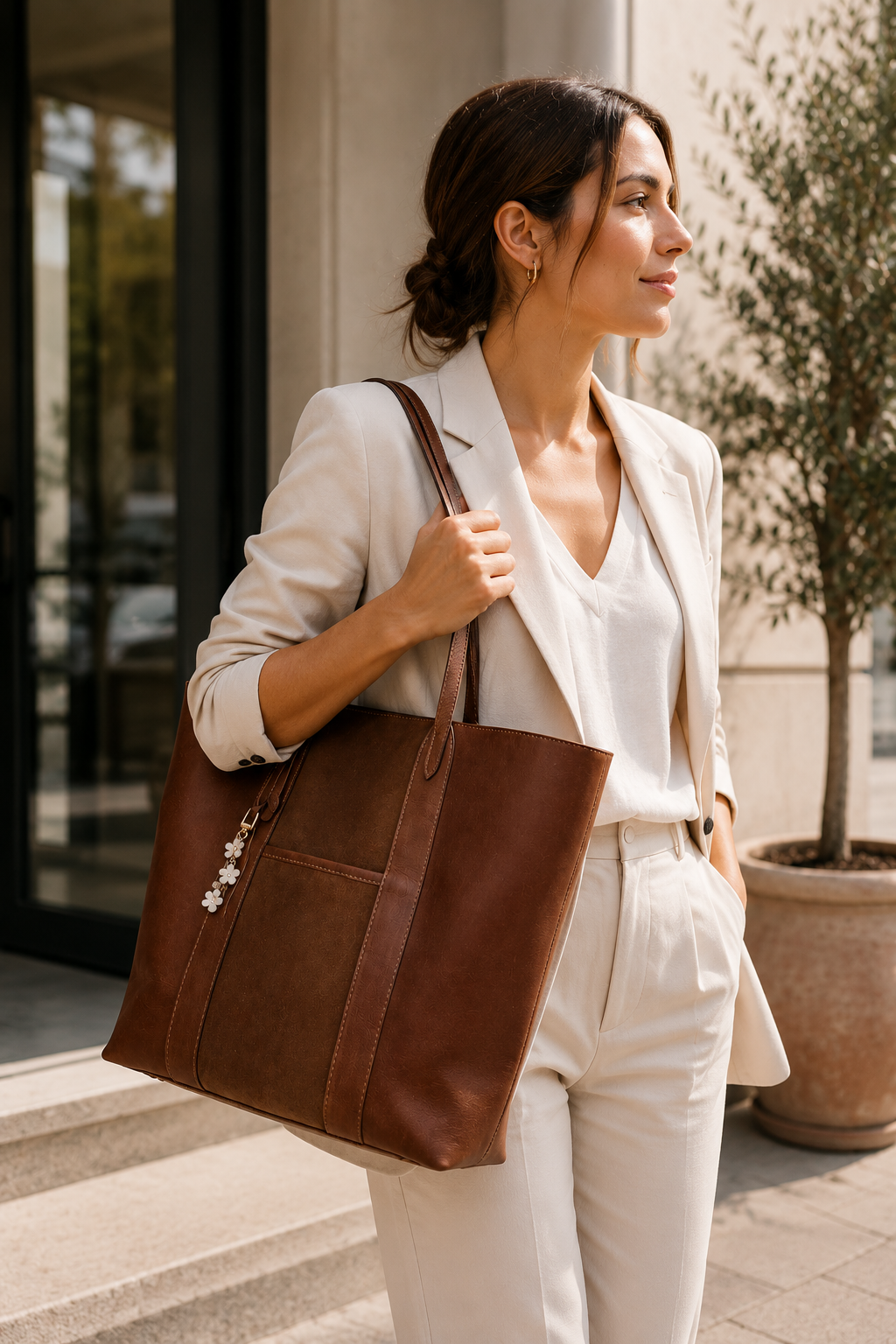 Mujer con bolsa tote de piel miel AMZZUL