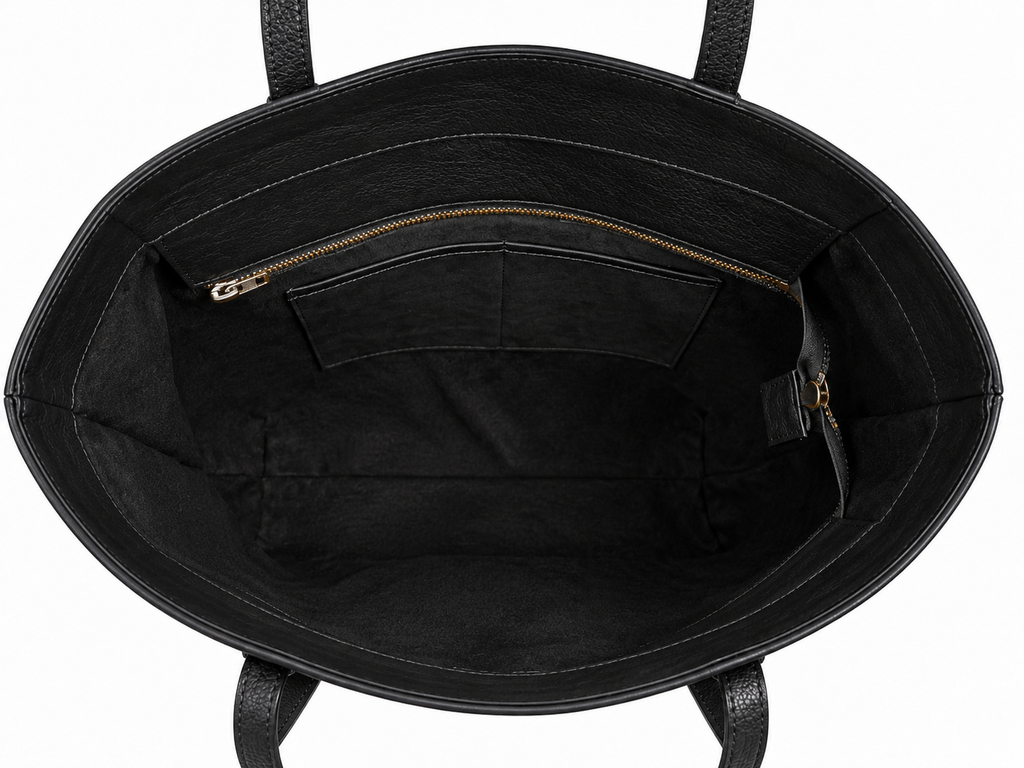 Interior y compartimentos de bolsa tote de piel negra AMZZUL
