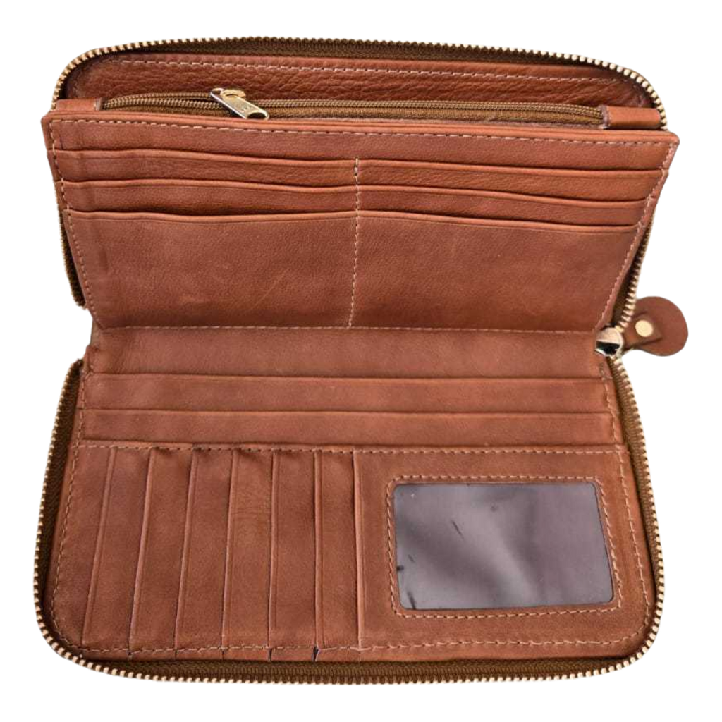 Cartera de piel miel para dama AMZZUL abierta