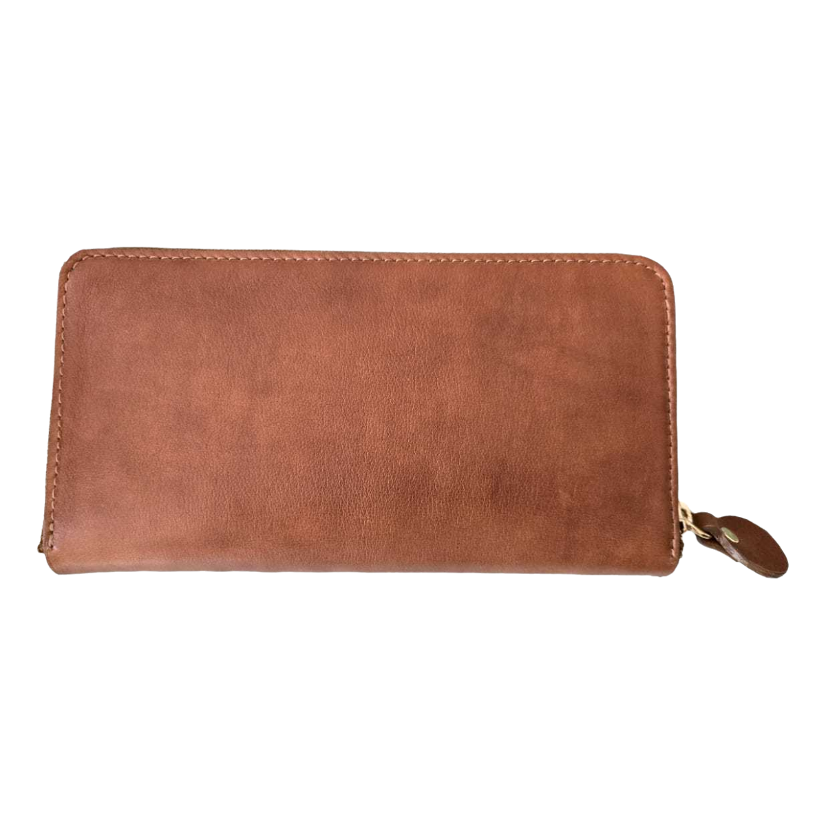 Detalle exterior de cartera de piel miel para dama AMZZUL